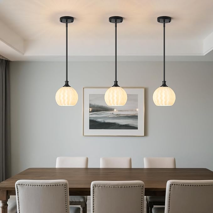 Black Pendant Lights Kitchen Island with Frosted Milk Glass, 1-Light 7.3" Modern Pendant Light Fixtures, Height Adjustable Single Globe Hanging Lighting for Kitchen Sink Bathroom, E26 Base