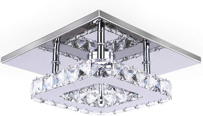 Modern Crystal Chandelier 7.9 Inches Led Ceiling Light Mini Square Flush Mount Ceiling Light for Bedrooms Dinning Rooms Hallway(Cool White,15W)