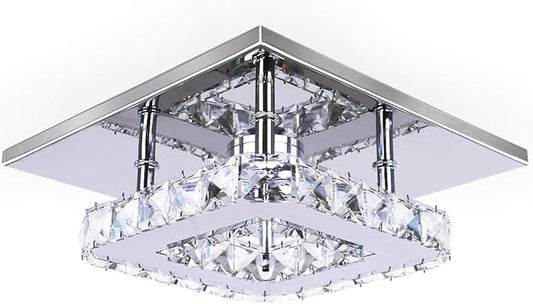Modern Crystal Chandelier 7.9 Inches Led Ceiling Light Mini Square Flush Mount Ceiling Light for Bedrooms Dinning Rooms Hallway(Cool White,15W)