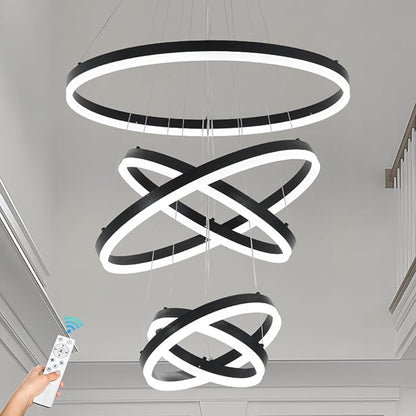 5 Rings Modern LED Chandelier for Foyer, Black High Ceiling Chandeliers Dimmable Pendant Lighting with Remote Control for Dining Room Living Room Staircase(3000K-6500K D23.6)