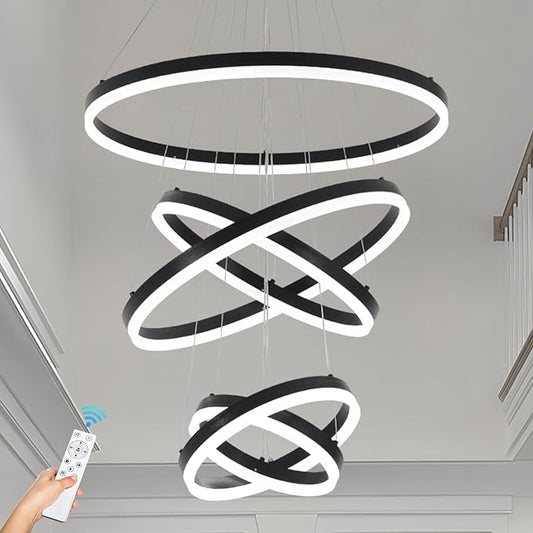 5 Rings Modern LED Chandelier for Foyer, Black High Ceiling Chandeliers Dimmable Pendant Lighting with Remote Control for Dining Room Living Room Staircase(3000K-6500K D23.6)