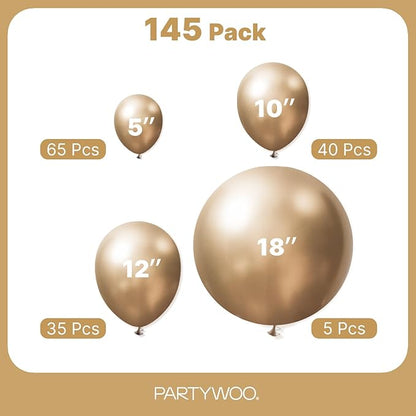 PartyWoo Metallic Gold Balloons 145pcs Different Sizes of 18 12 10 5 Inch Chrome Gold Balloon Arch Kit Garland for Birthday Graduation Baby Shower Wedding Bachelorette Party Decorations Gold-G127