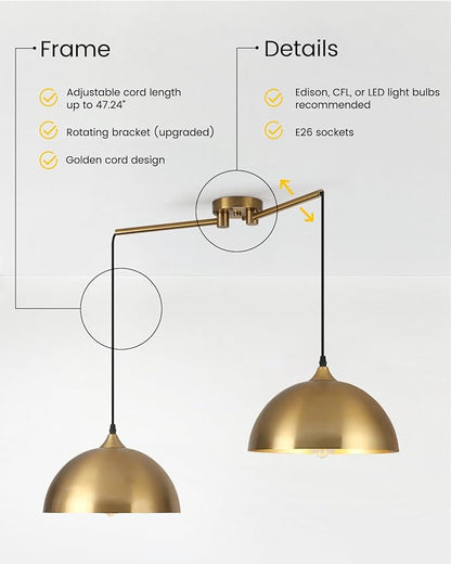 Gold Pendant Lights Kitchen Island 2-Light, Gold Dome Pendant Light, Modern Dining Room Light Fixture, Island Pendant Lights for Kitchen, Dining Room, Bar, Cafe