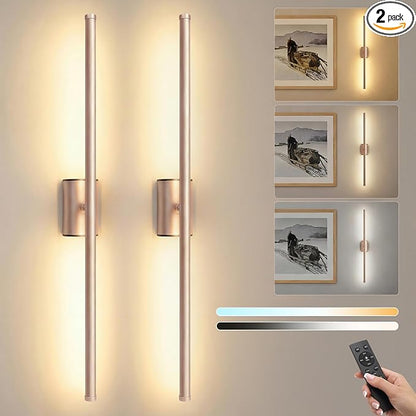 ONEWISH Battery Operated Wall Sconces Set of 2, 27.75" Rechargeable Wall Lights with Remote & Timer, 3-Color Dimmable Wireless Sconces for TV Wall Decor, Picture Light, Bedroom, Gold