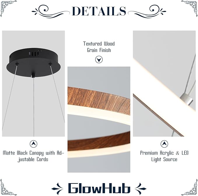 GlowHub Modern LED Chandelier, Wood Grain 1-Ring LED Pendant Light Fixture with Remote Control, Farmhouse Round Chandelier for Dining Room, 20 Inches Circle Hanging Light for Foyer Kitchen