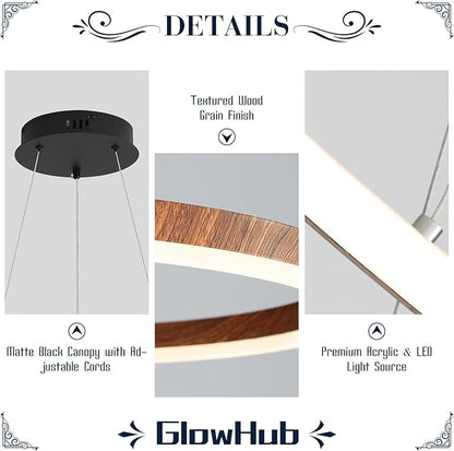 GlowHub Modern LED Chandelier, Wood Grain 1-Ring LED Pendant Light Fixture with Remote Control, Farmhouse Round Chandelier for Dining Room, 20 Inches Circle Hanging Light for Foyer Kitchen