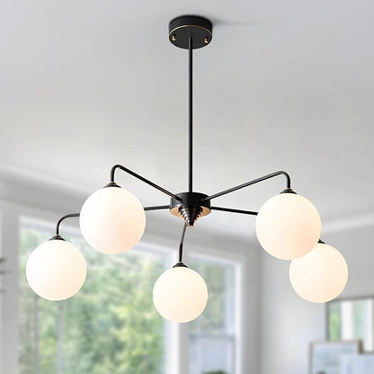 5 Light Mid Century Sputnik Chandelier with White Frosted Globe Glass Shade Pendant Lighting Fixture Living Room Large Pendant Lamp for Bedroom Kitchen Island