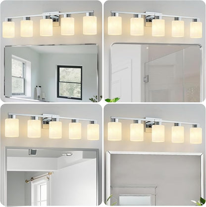 5-Light Bathroom Light Fixtures, Modern Vanity Lights, Chrome Metal Wall Lamp with White Marble Glass for Bathroom, Mirror, Living Room, Bedroom, Cabinet, Porch, Hallway, E26 Base