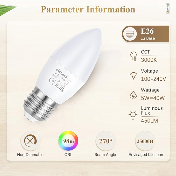 DiCUNO ProOE Eye-Protected E26 LED Bulb, High CRI 98, 5W Standard E26 Candle Bulb, Warm White 3000K, C37 40W Halogen Equivalent Decorative Light Replacement for Chandelier Lighting, 6 Pack