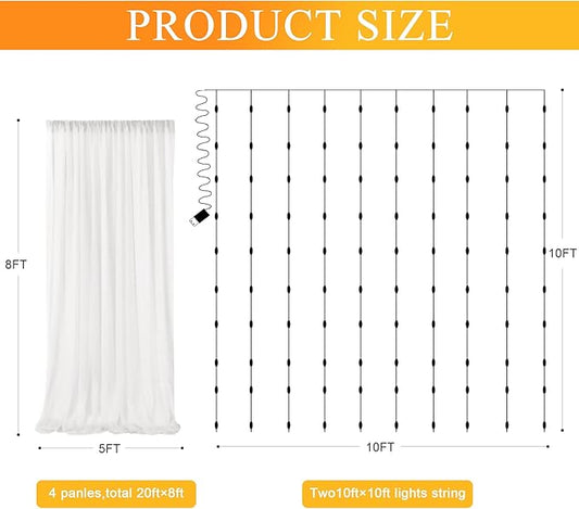 Fomcet Tulle Curtains with Lights String Ivory 20FT X 8FT Sheer Backdrop Curtains for Parties Wedding Baby Shower Photo Shoot Decorations (4 Panels 5x8FT)