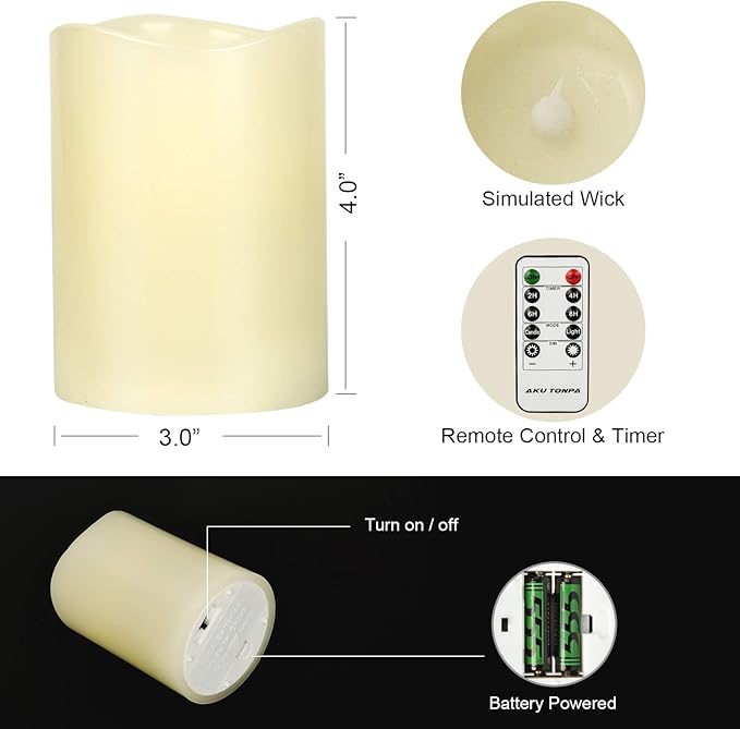 AKU TONPA Flameless Candles Battery Operated Pillar Real Wax Flickering Electric LED Candle Gift Sets with Remote Control Cycling 24 Hours Timer, Pack of 6 (3" D x 4" H, Ivory)