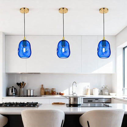 Pendant Lights Kitchen Island Adjustable Organic Globe Modern Gold Ceiling Hanging Light Fixtures for Bar, Counter, Porch, Patio, Over Sink Dining Room,Table 8.5'' Height -Blue