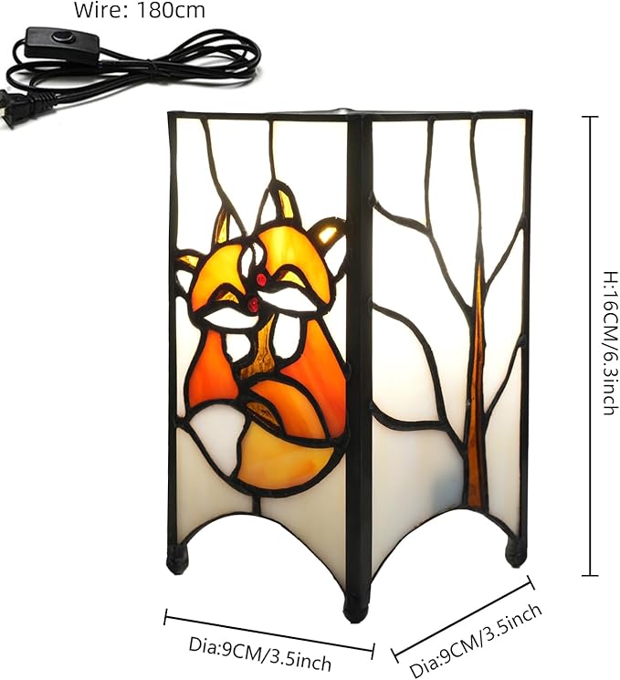 Tiffany Lamp Orange Stained Glass Table Lamp Small Foxes Animal Night Light Mini Retro Bedside Table Light for Home Decor Boys Girls Christmas Halloween Gifts