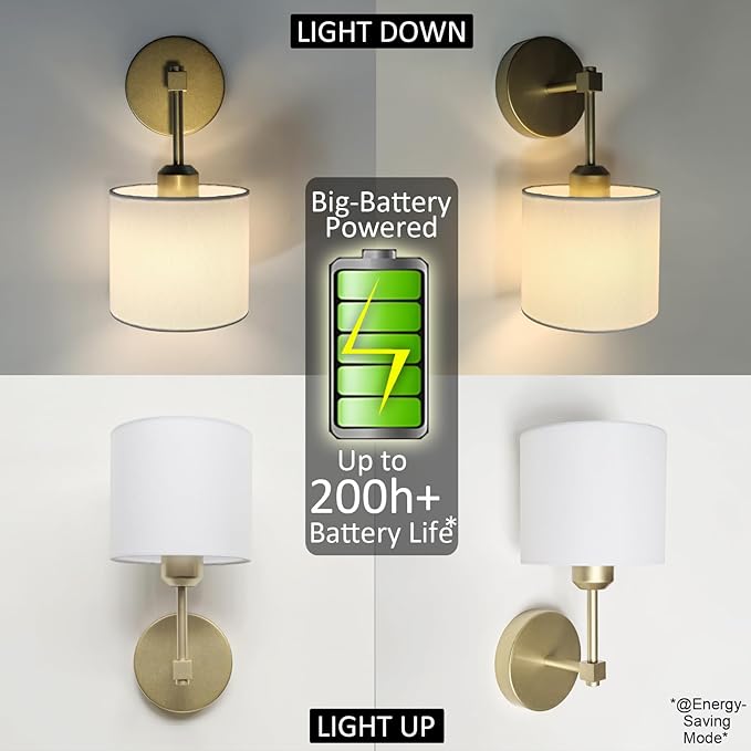 Easy Install Adhesive Battery Wall Sconces Rechargeable Gold Set of 2, No Nails Cordless Magnetic Wall Lamps Peel and Stick Decor Wall Vanity Lights for Pictures Living Room Hallway (Gold, 2-Pack)