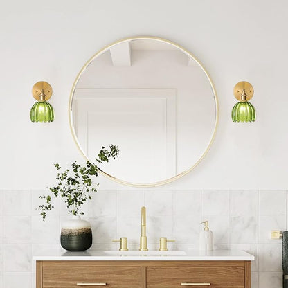 Wall Sconces Set of Two Hardwired, Vintage Wall Sconce Light with Tulip Green Glass Lampshade, Bathroom Wall Sconces with Switch, Gold Wall Light Sconces Wall Decor Set of 2