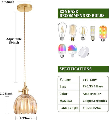 Shenmoyl Pendant Light with Amber Tulip Glass Lmapshade, Brass Vintage Pendant Light Adjustable Hanging Light for Kitchen Island Dining Room Hallway