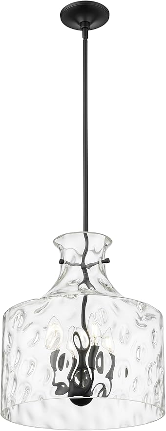 ML Lighting | Santorini Collection | 22604-MB | Indoor 4 Light Metal Pendant in Matte Black with Water Glass Shade | Kitchens, Dining Rooms, Living Rooms, Entryways, Hallways