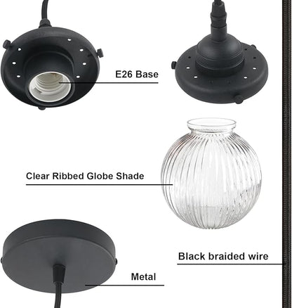 Yosoan 1-Light Vintage Industrial Kitchen Hanging Pendant Light Fixture, Single Hardwired Indoor Vanity Retro Textured Striped Round Glass Shade Small Lamp for Dinning Room Living Room Island(Black)