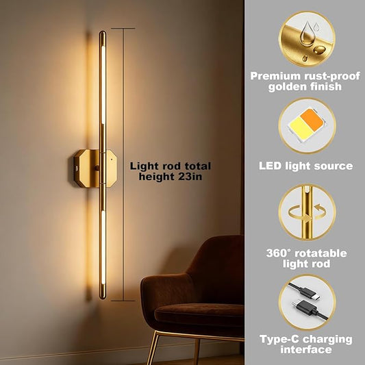 Rechargeable Wall Sconce Set of 2, 35Hrs+ Battery Operated Wall Lights, Wireless Wall Sconce with Remote, 360° Rotatable, Dimmable 3 Color LED Cordless Wall Sconce for Bedroom, Living Room, 23in Gold