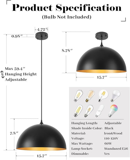 Black Pendant Lights Kitchen Island, 16 Inch Black and Gold Dome Pendant Light, Modern Farmhouse Pendant Light for Kitchen Island, Dining Room, Cafe, Bar, 2 Pack