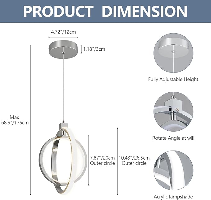 Modern LED Chandelier Chrome Ring Pendant Light Fixtures 4000K Dimmable Height Adjustable Pendant Lighting for Dining Room Kitchen Island Bedroom Living Room Foyer（1-Pack）…