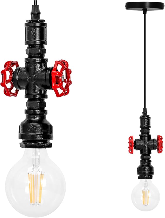 Kawell Vintage Pendant Light Fixtures Industrial Retro Ceiling Chandelier Creative Water Pipe Hanging Light Fixtures Art Deco Iron E26 60W Max for Bedroom Cafe Bar Restaurant Kitchen, Black Color