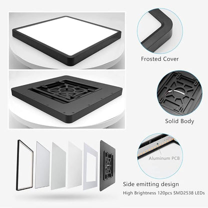 12Inch 24W Square LED Ceiling Light Fixtures Flush Mount, 3000K Warm White LED Ceiling Lamp, Surface Mount Modern Ceiling Lights, Slim Flat Panel Lighting for Bedroom, Kitchen, Bathroom Etc.Black