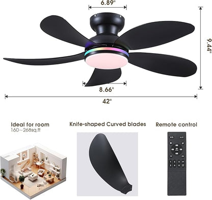 PHORUS 42" Black RGB Ceiling Fans with Lights and Remote/APP,Low Profile Ceiling Fans with Quiet Reversible DC Motor,Small Modern Flush Mount Ceiling Fan Light for Bedroom Kids Room