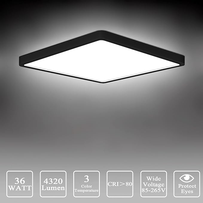LED Ceiling Light 2 Pack, Color Temperature Switchable 36W Square Ceiling Mount Light Fixture (Black, 12 inches)