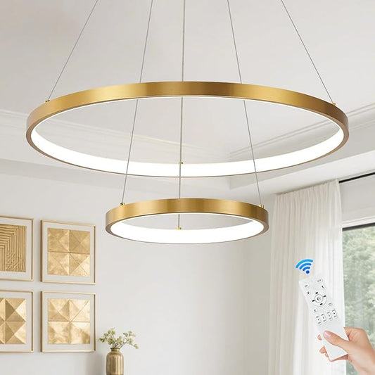 Gold LED Ring Chandeliers Modern 2-Ring Chandelier Dimmable Flush Mount Pendant Light Fixture Remote Control Contemporary Pendant Chandelier for Dining Room Bedroom Foyer (23.6"+11.8")