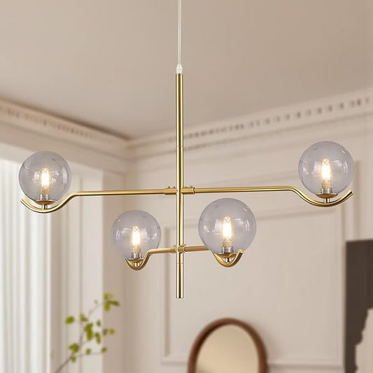 CATINER Gold Sputnik Chandelier, Large Modern 4 Lights L31 '' Mid Century Long Ceiling Pendant Light Fixture with Smoke Glass Globe Shades for High Ceiling Living Dining Room Foyer Bedroom