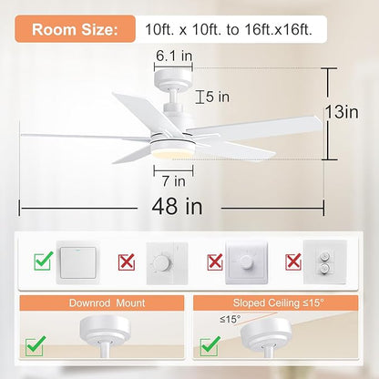 YUHAO 48 Inch White Ceiling Fan with Light and Remote Control.Noiseless,Dimmable, 3CCT,6 Speeds Reversible, Modern DC Ceiling Fans for Indoor or Covered Outdoor Use,ETL Listed