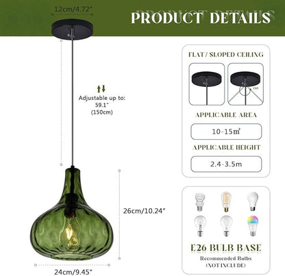 Green Glass Pendant Lighting Farmhouse Vintage Glass Globe Pendant Light Fixture, Mid-Century Modern Pendant Lamp Black Finish 9.45″ Shade for Kitchen Island Dining Room