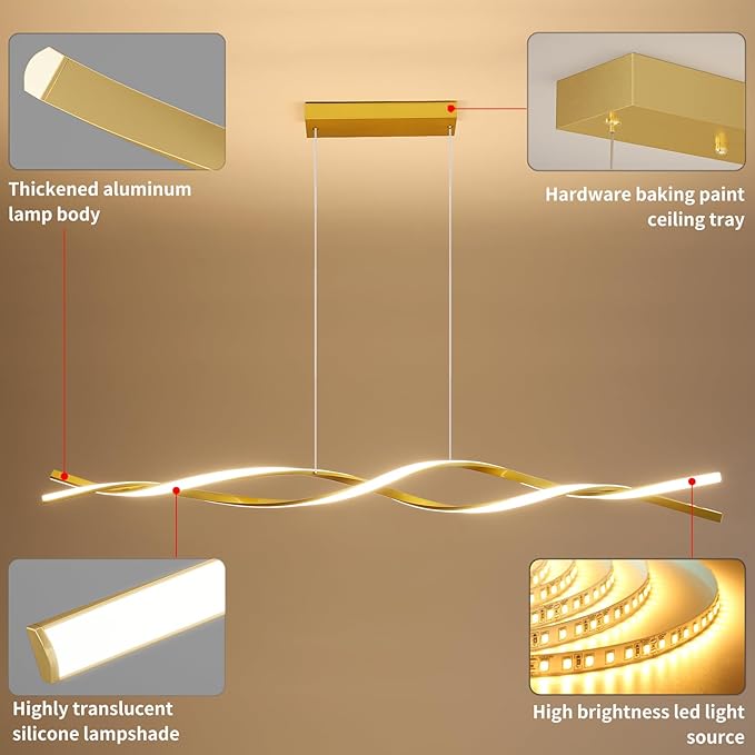 57in Modern Ceiling Pendant Light, with Remote Control Dimmable 3 Color Mode & Brightness Ceiling Lamp, Anti-Flicker Dining Light Fixture for Kitchen, Dining Room (Gold)