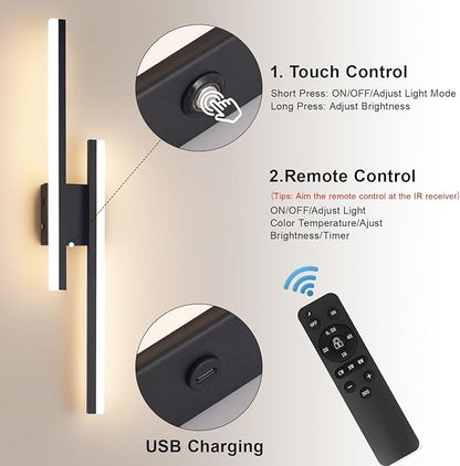 Modern Battery Operated Wall Sconce Set of 2,Dimmable Rechargeable Indoor Led Wall Sconce Lighting,Black Wireless Wall Lamps with Remote Control for Living Room Bedroom Bathroom Hallway