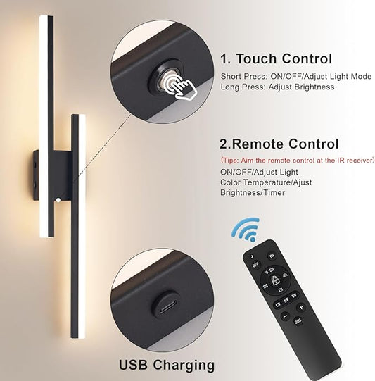 Modern Battery Operated Wall Sconce Set of 2,Dimmable Rechargeable Indoor Led Wall Sconce Lighting,Black Wireless Wall Lamps with Remote Control for Living Room Bedroom Bathroom Hallway