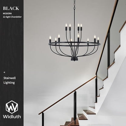 33.5" Industrial Black Chandelier Vintage 12-Lights Rustic Candle Style Chandeliers Light Fixture Retro Farmhouse Black Chandelier for Dining Room, Kitchen Island, Living Room, E12