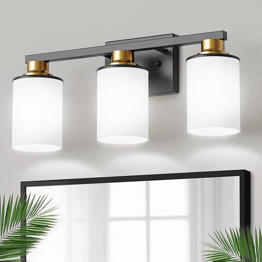 DORESshop Black and Gold Vanity Light, 3-Light Bathroom Light Fixture Over Mirror with Milk Glass Shade, Modern Vanity Lighting for Living Room Bedroom, ETL Listed