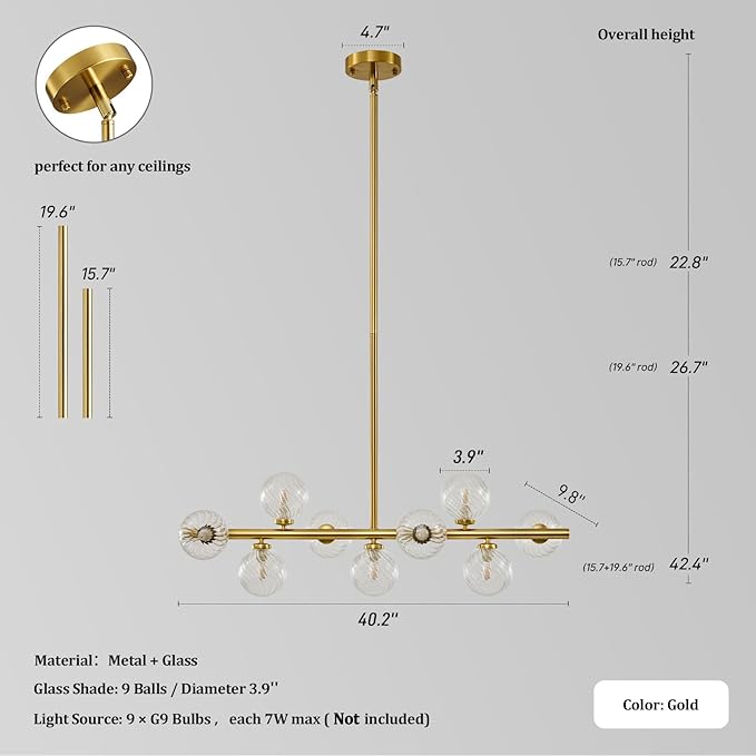 Mid Century Modern Sputnik Chandeliers: 9-Light Contemporary Linear Brass Gold Light Fixture for Dining Room Table - 40" Long Swirled Clear Glass Globe High Chandelier for Living Room Kitchen Island