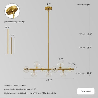 Mid Century Modern Sputnik Chandeliers: 9-Light Contemporary Linear Brass Gold Light Fixture for Dining Room Table - 40" Long Swirled Clear Glass Globe High Chandelier for Living Room Kitchen Island