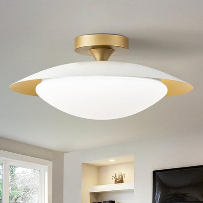 Dimmable Modern Semi Flush Mount Ceiling Light Fixture,Small White and Gold LED Glass Shade Kitchen Ceiling Lights,5CCT In One Light Fxiture for Hallway Entryway Bedroom Laundry Room Foyer(15.75in)