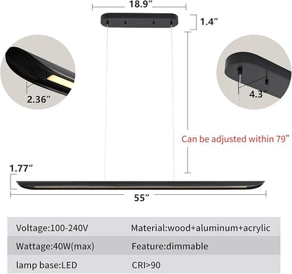 55" Modern LED Linear Pendant Light,Dimmable Kitchen Island Light 40W LED lsland Lights for Kitchen,Adjustable Linear Chandelier for Dinning Room Light Fixture, Bar, Pool Table Light Black Wood Finish