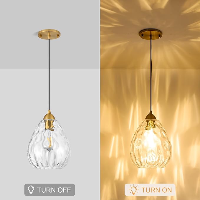 8''Small Pendant Light Fixtures,1-Light Modern Pendant Lights with Clear Hammered Glass Shade,Gold Adjustable Hanging Pendant Lighting for Kitchen Island Dining Room Bedroom(1 Pack)