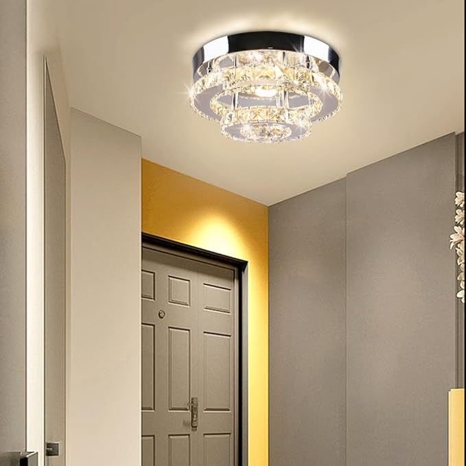 Mini Chandelier LED Crystal Ceiling Light 2 Layers Round Flush Mount Ceiling Light Modern Chandelier Lighting for Hallway Staircase Kitchen Bathroom (Multicolor)