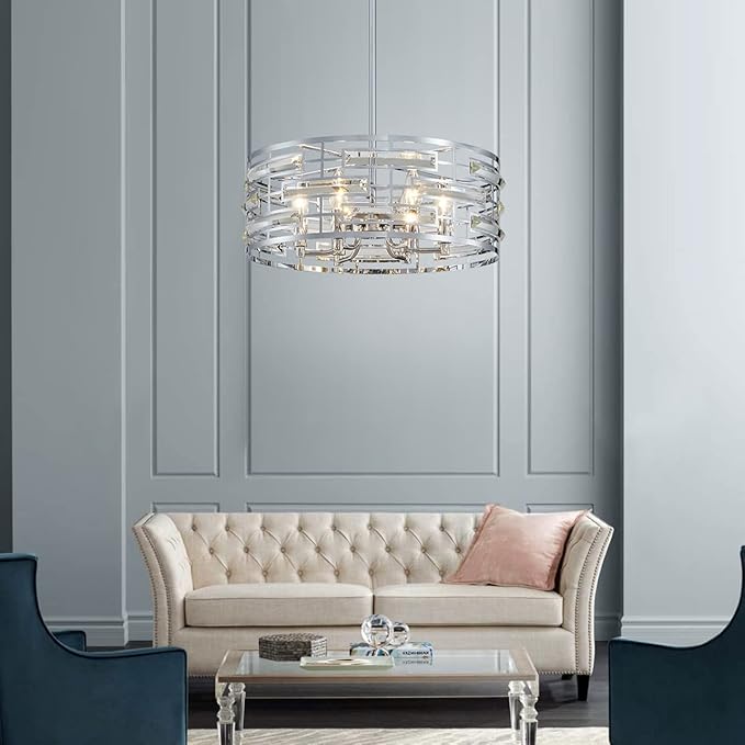 Saint Mossi Modern K9 Crystal Chandeliers, Drum Pedant Light Fixture for Living Space, D18 x H24, Adjustable Chains 59", Chrome Finish Metal Frame