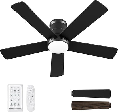 42 Inch Low Profile Ceiling Fan with Light, Black Ceiling Fans with Lights and Remote, Flush Mount, 6 Speeds Reversible Quiet DC, 3CCT Dimmable, Indoor Outdoor Ceiling Fans for Patios Bedroom