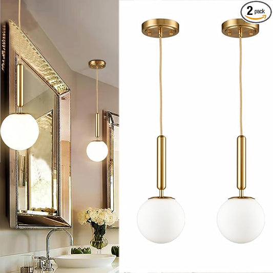 DIRYZON Brass Pendant Lights Kitchen Island Set of 2,Modern Hanging Light Fixture Globe Pendant Lighting with Milk Glass,Adjustable Height