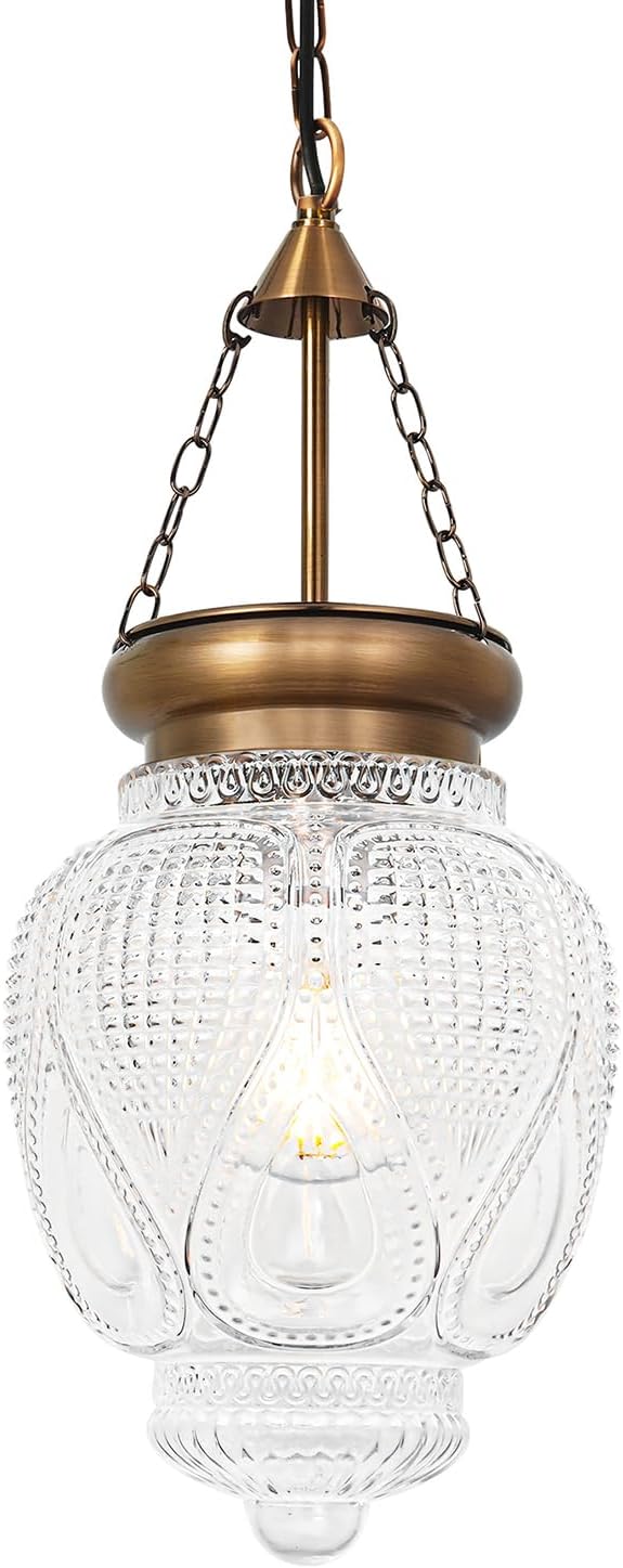 Vintage Brushed Gold Pendant Light with 7.9in Clear Heavy Thick Glass, Farmhouse Bronze Pendant Lights Kitchen Island, Vintage Looking Hall Pendant Light Fixture for Hallway, Bathroom, Bedroom