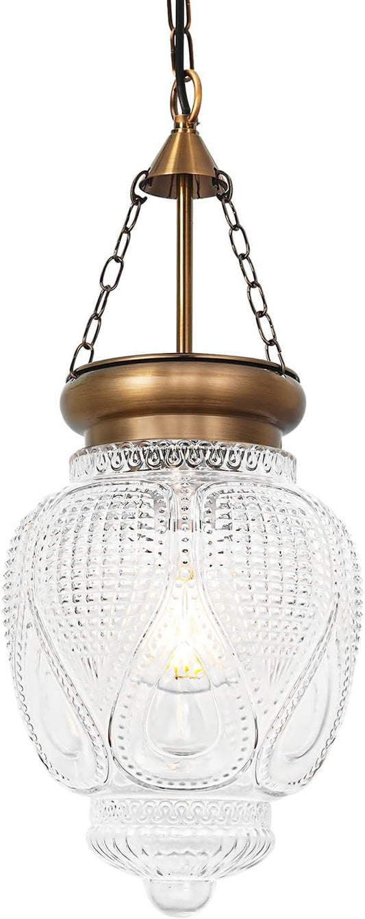 Vintage Brushed Gold Pendant Light with 7.9in Clear Heavy Thick Glass, Farmhouse Bronze Pendant Lights Kitchen Island, Vintage Looking Hall Pendant Light Fixture for Hallway, Bathroom, Bedroom
