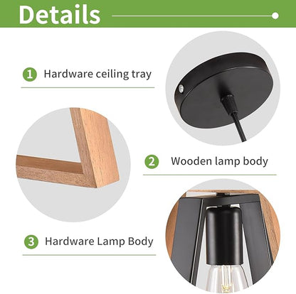 3 Pack Kitchen Island Pendant Lights, Black Industrial Metal and Vintage Wood Hanging Light, Mini Farmhouse Chandelier, Adjustable Height Rustic Ceiling Lamp for Entryway, Dining Room, Foyer